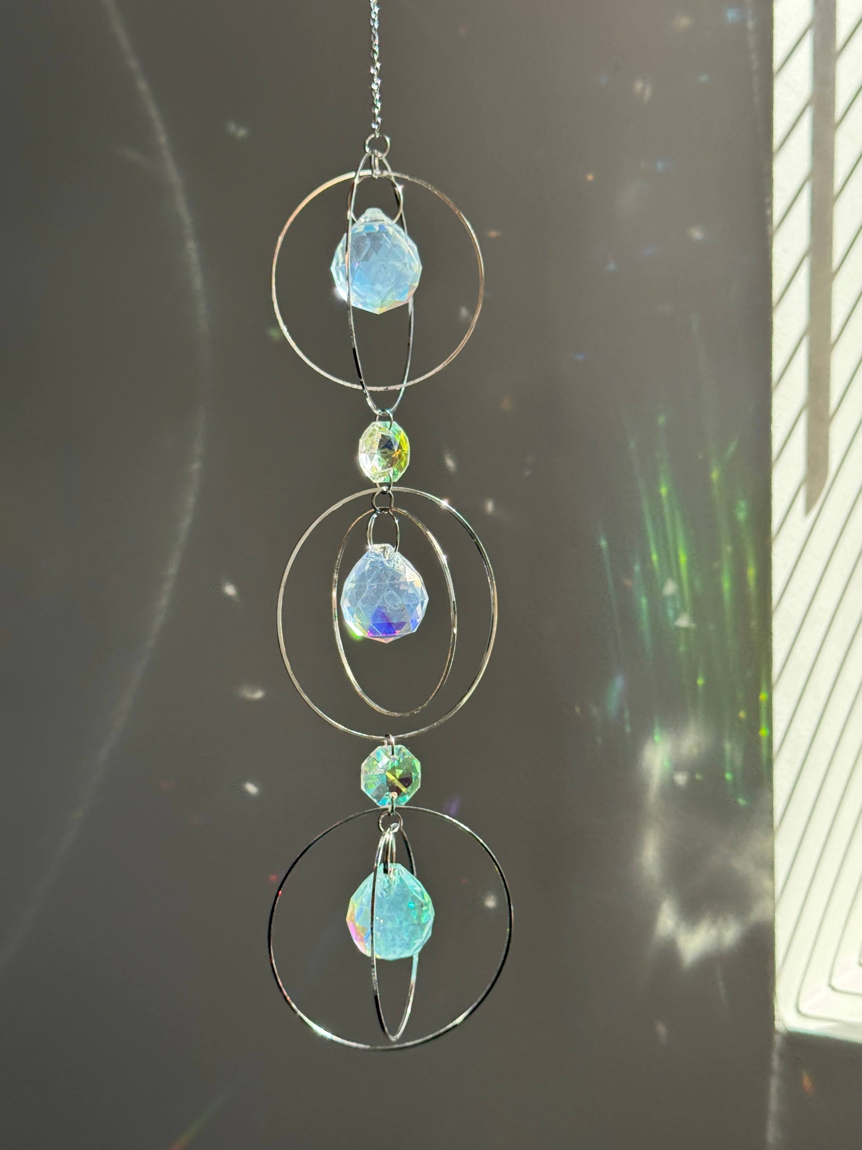 ‘The Trinity Silver’ – Triple Orbit AB Glass Prism & Stainless Steel Suncatcher