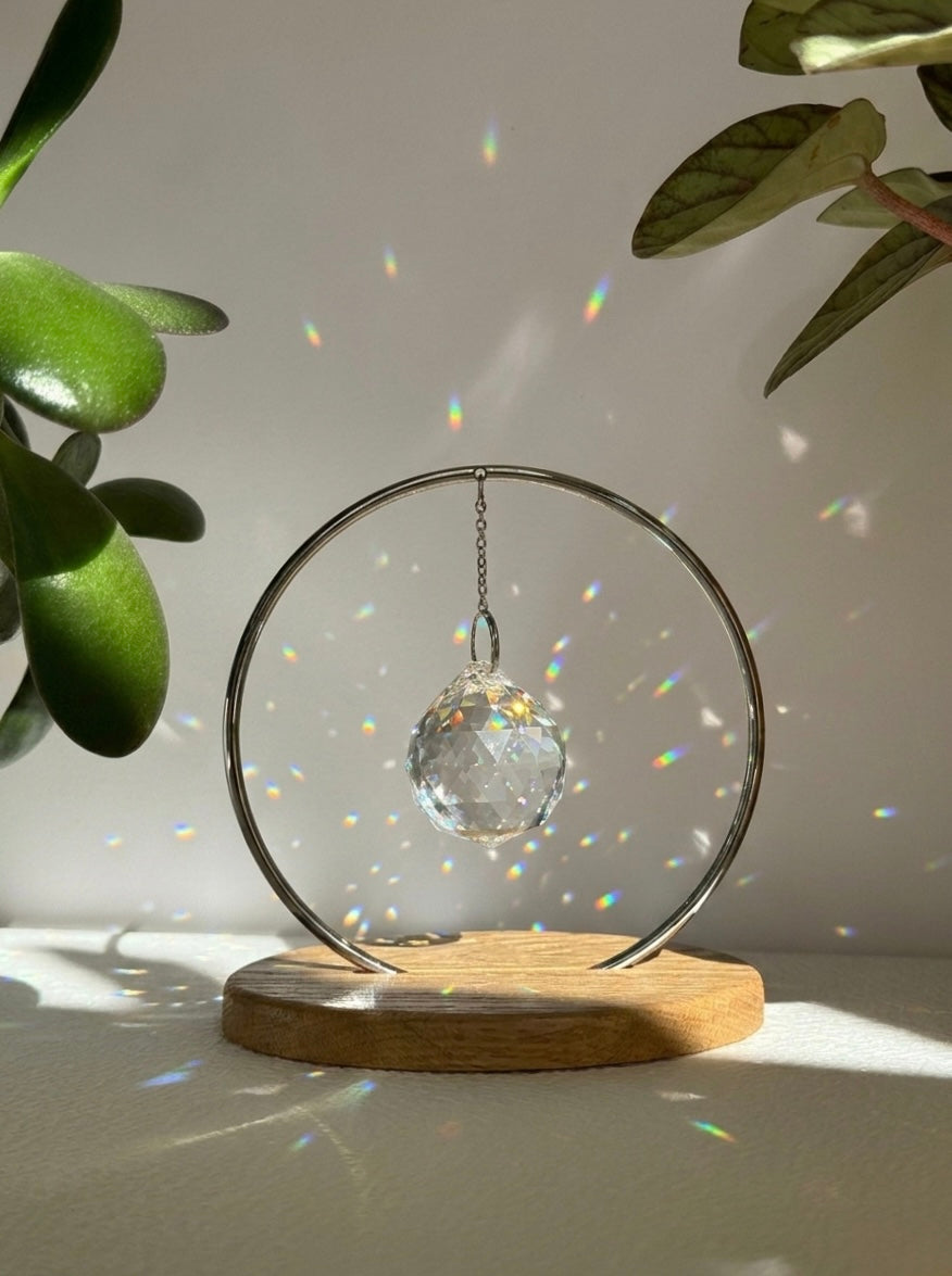 'The Circle' – Silver Tabletop Crystal Suncatcher with Oak Wood Base