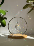 'The Circle' – Silver Tabletop Crystal Suncatcher with Oak Wood Base