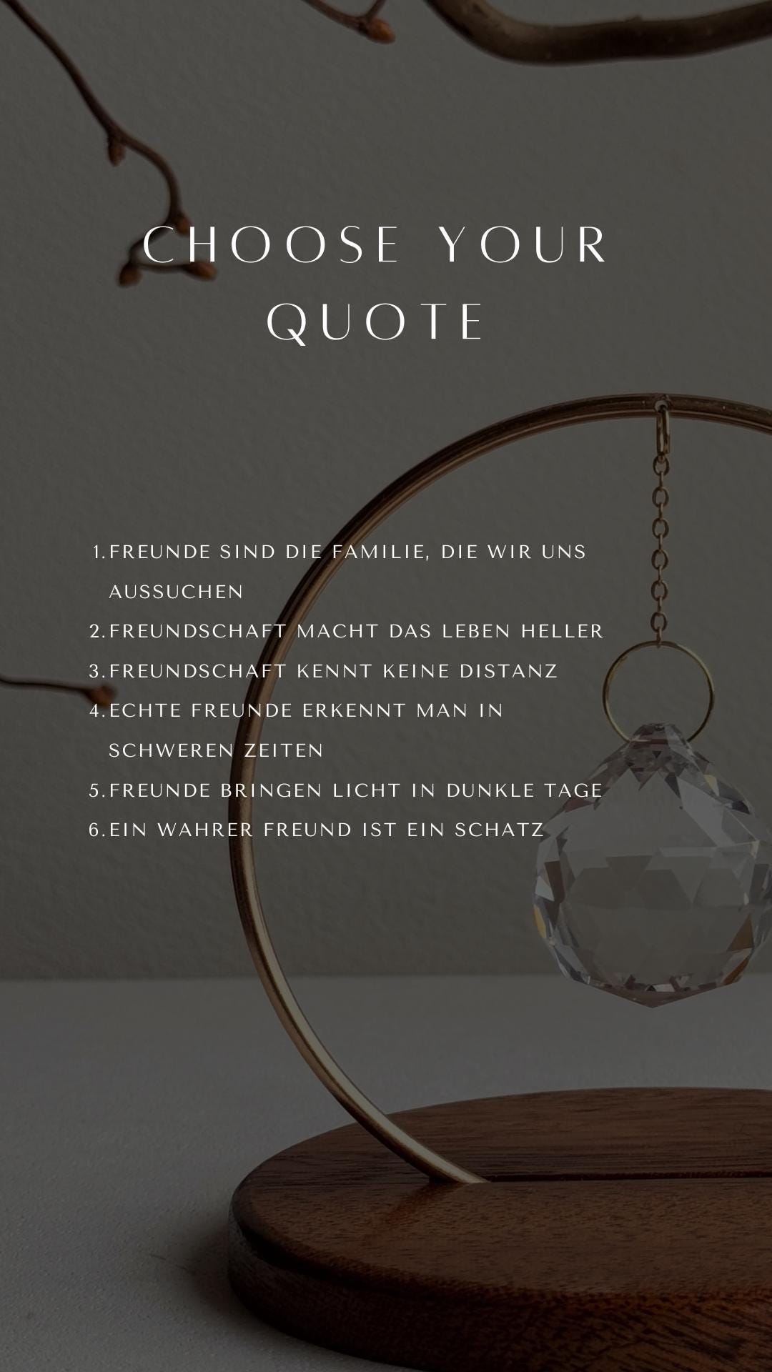 Text overlay with a quote on a dark background with a crystal decoration.
