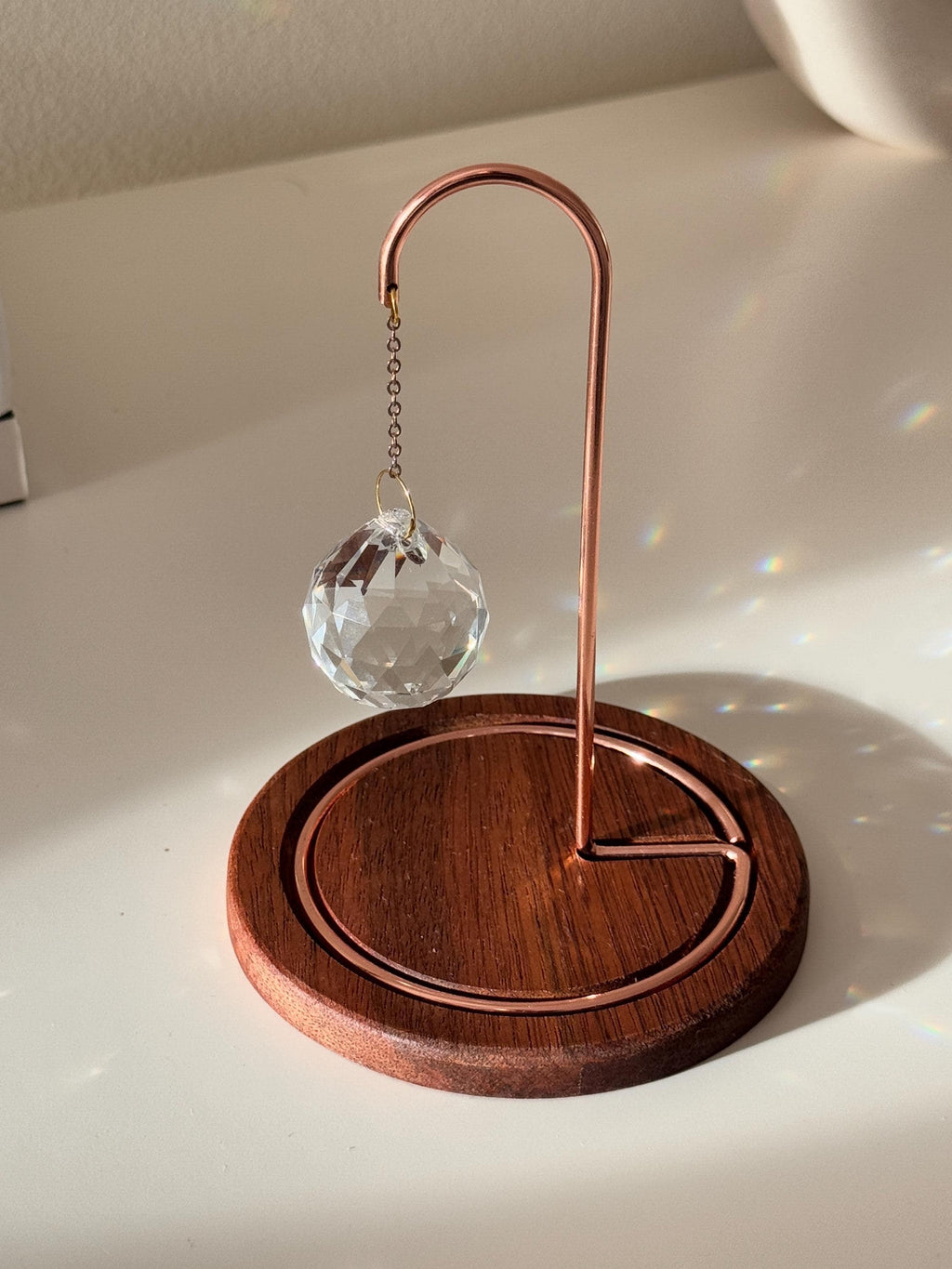 'The Aura Hook' – Rose Gold Tabletop Suncatcher with Solid Wood Base