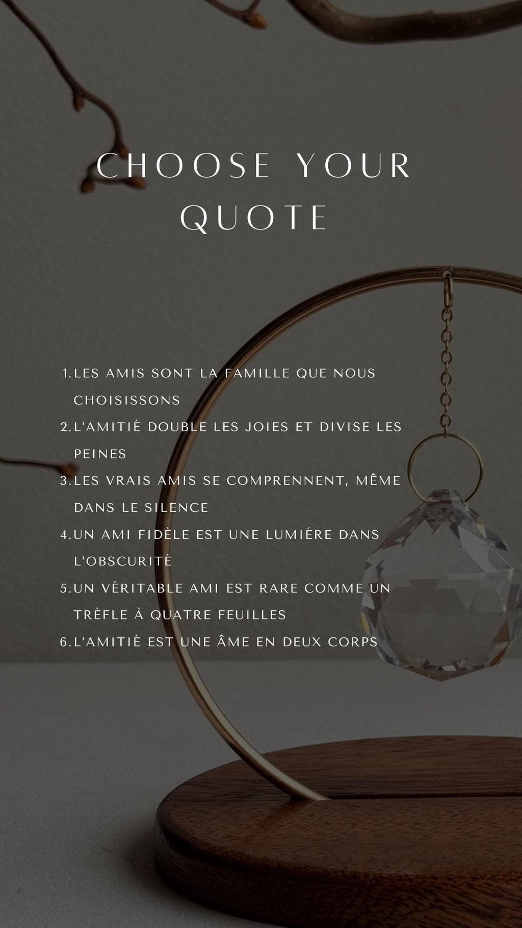 Decorative hoop with crystal pendant on a dark background, featuring a quote selection screen.