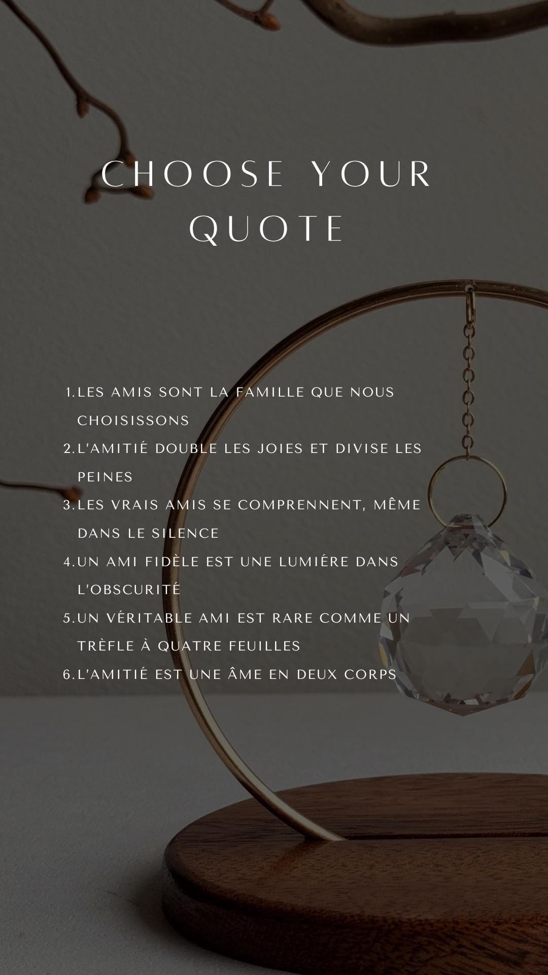 Decorative hoop with crystal pendant on a dark background, featuring a quote selection screen.
