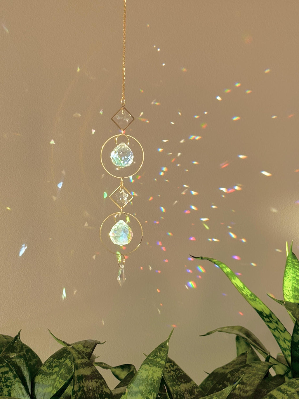 Gold hanging daydreamin suncatcher with geometric circles and prisms casting rainbow light on a wall. Sonnenfänger crystal decor for a boho home aesthetic, featuring a snake plant and shimmering Lichtreflexe.